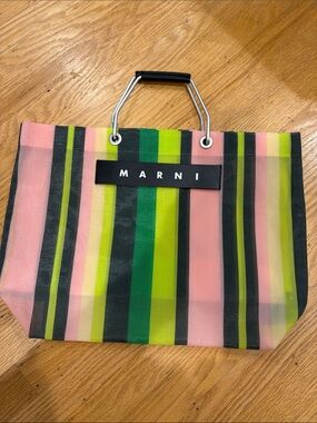 NWOT Marni Striped Tote with Black Leather Logo Multicolor Panels, 17x13x4.5 in